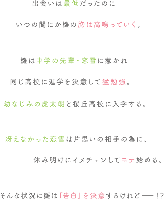 出会いは最低だったのにいつの間にか雛の胸は高鳴っていく。
雛は中学の先輩・恋雪に惹かれ同じ高校に進学を決意して猛勉強。幼なじみの虎太朗と桜丘高校に入学する。
冴えなかった恋雪は片思いの相手の為に、休み明けにイメチェンしてモテ始める。
そんな状況に雛は「告白」決意するけれど――！？